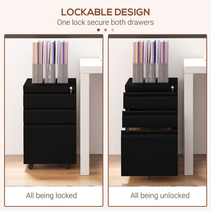 Vinsetto 3-Drawer Filing Cabinet with Lock, Mobile Steel File Cabinet for A4, Legal and Letter Size, Under Desk Drawers with Pre-Assembled Body for Home Office, 37 x 43.5 x 60 cm, Black
