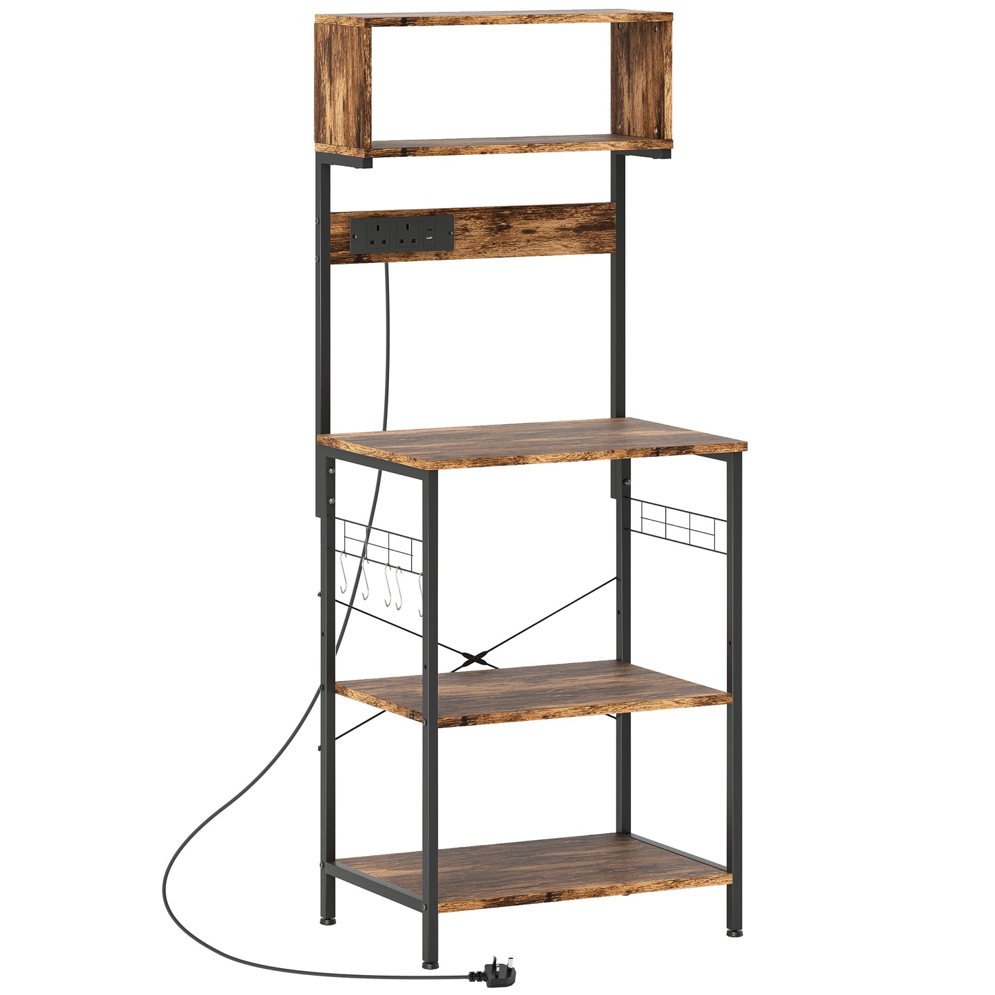 HOMCOM Kitchen Storage Rack, Bakers Rack with Power Outlet, USB Charger, Rustic Brown
