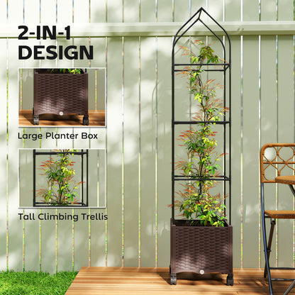 Outsunny Raised Garden Bed with Trellis, Tomato Cage with Lockable Wheels, Self Watering Planter Box with Drainage Holes, Brown