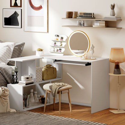 HOMCOM L-Shaped Corner Desk, Computer Desk with Keyboard Tray and Open Shelves, White Wood Effect