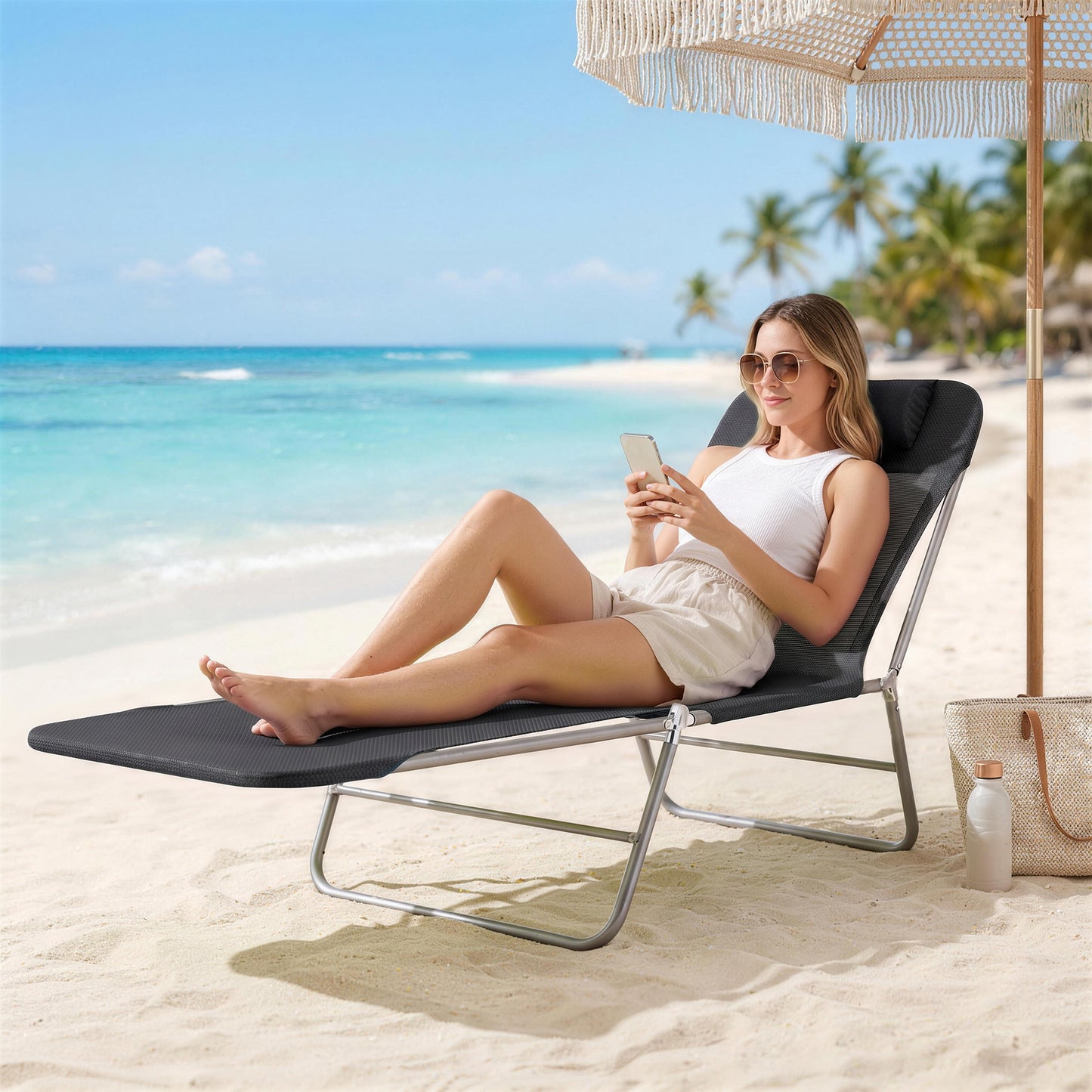 Outsunny Folding Sun Lounger, Texteline Reclining Sun Bed with 5 Position Adjustable Backrest, Headrest, Black-Sunbeds-ChewyGames-ChewyGames