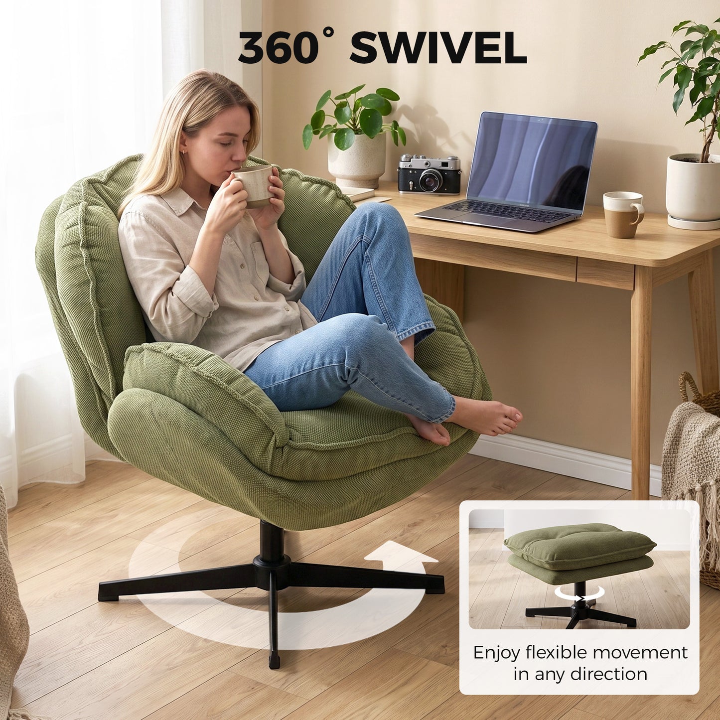 HOMCOM Armchair with Adjustable Footstool, 360° Swivel Chenille Cloud Accent Chair with Thick Cushion, Steel Base, Green