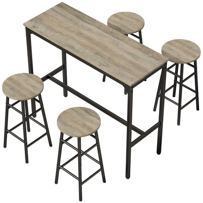 HOMCOM 5 Piece Bar Table Set with 4 Stools, Industrial Bar Table and Stool Set, Dining Table and Chair Set, Grey