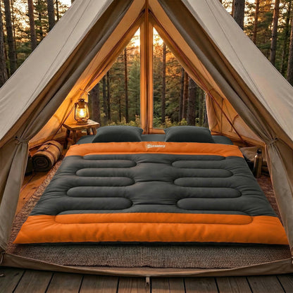 Outsunny Double Sleeping Bag with 2 Pillows, 220 x 160 cm Extra-Large Sleeping Bag for Adults, Grey and Orange