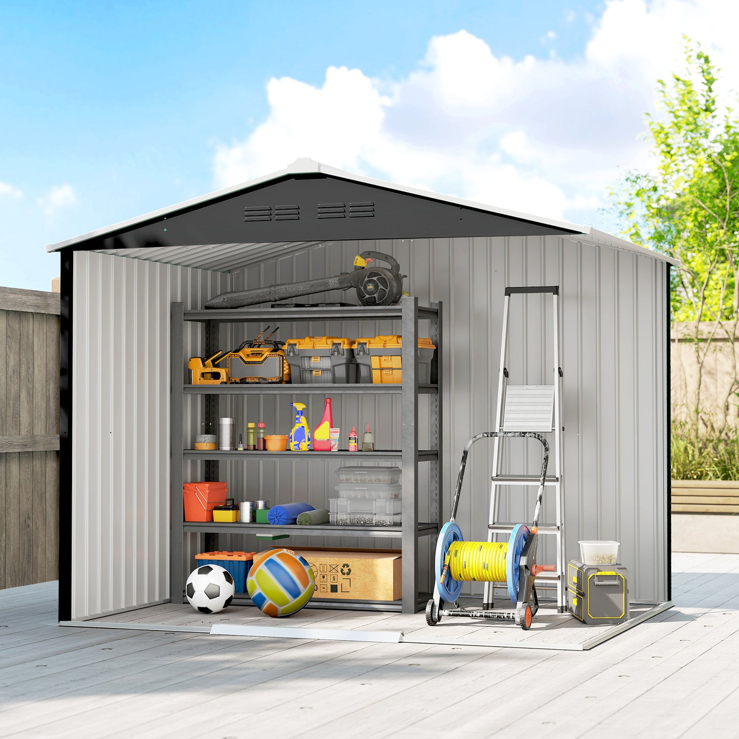 Outsunny 8 x 6ft Galvanised Steel Shed, with Double Door - Dark Grey