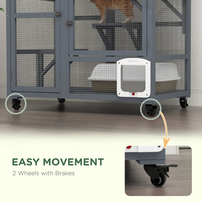 PawHut Cat House, Wooden Indoor Catio Cat Enclosure on Wheels, Wooden Kitty Cage with Platforms, Hammock, Light Grey