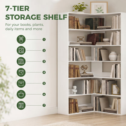 HOMCOM 7 Tiers Bookshelf, L-Shaped Corner Bookcase with Anti-Slip Rear Guard, White Wood Effect