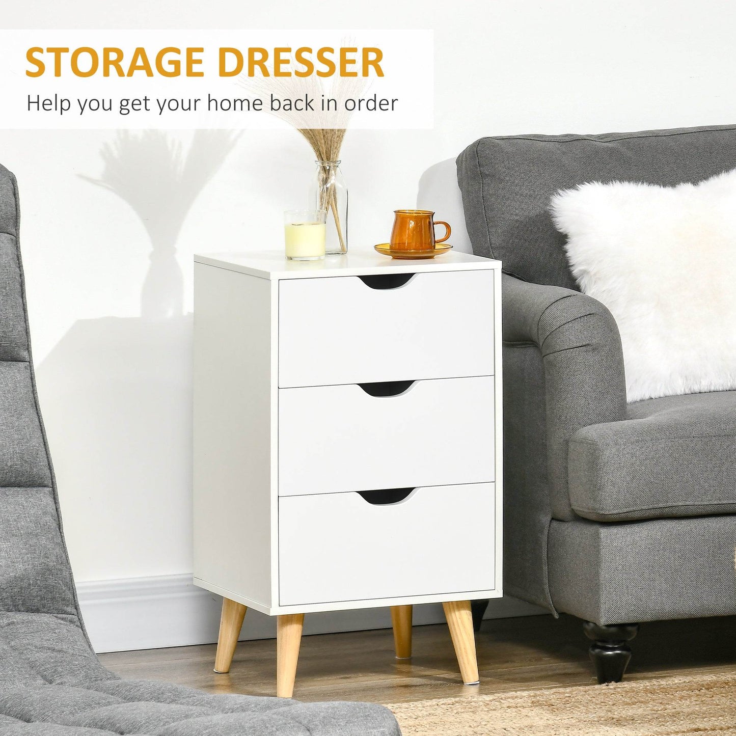 HOMCOM Set of 2 Bedside Tables, Modern Nightstand Side End Table with 3 Storage Drawers and Solid Pine Wood Legs for Bedroom Living Room Entryway, White