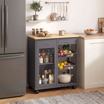 HOMCOM Bamboo Kitchen Island, Rolling Kitchen Trolley with Glass Door, 2 Metal Wire Baskets and Adjustable Shelf, Grey