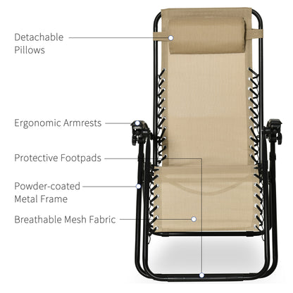 Outsunny Folding Zero Gravity Chairs, 3 Pieces Adjustable Sun Lounger and Table Set with Cup Holder and Headrest, Patio Bistro Set with Reclining Garden Chairs for Outdoor, Beige