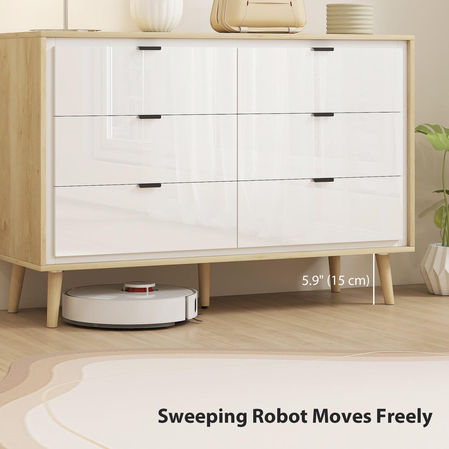 HOMCOM Storage Cabinet, Chest of Drawers with 6  Drawers and 5 Legs for Bedroom,  High Gloss White