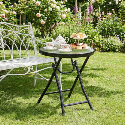 Outsunny Foldable Garden Table, Round Folding Table with Glass Tabletop and Safety Buckle for Patio, Garden, Outdoor, Indoor, Black