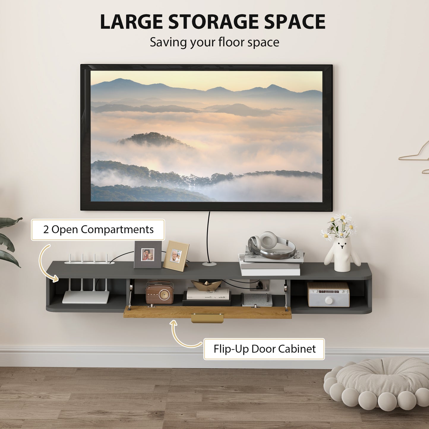 HOMCOM 140 cm Floating TV Stand with Storage - Charcoal Grey