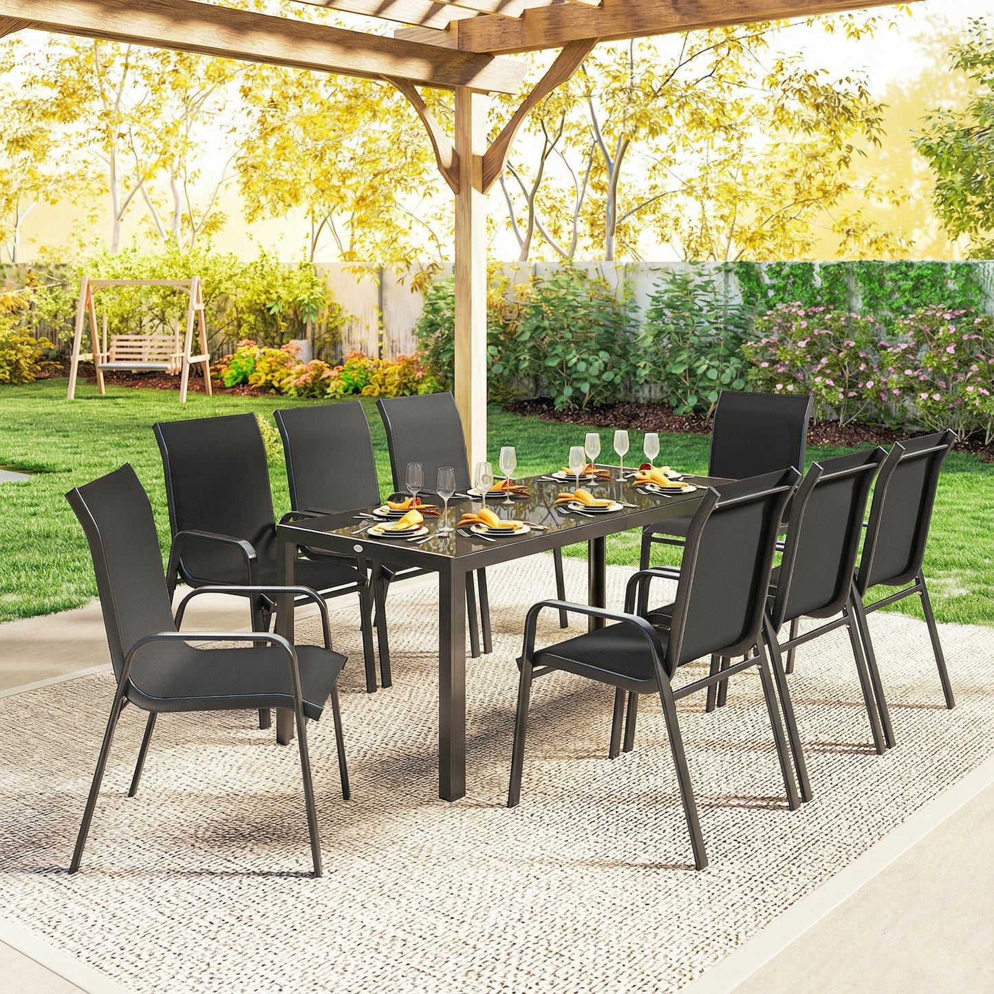 Outsunny 9 Pieces Garden Dining Set, Outdoor Table and Chairs Set for 8, Garden Furniture Set with Tempered Glass Top, Black