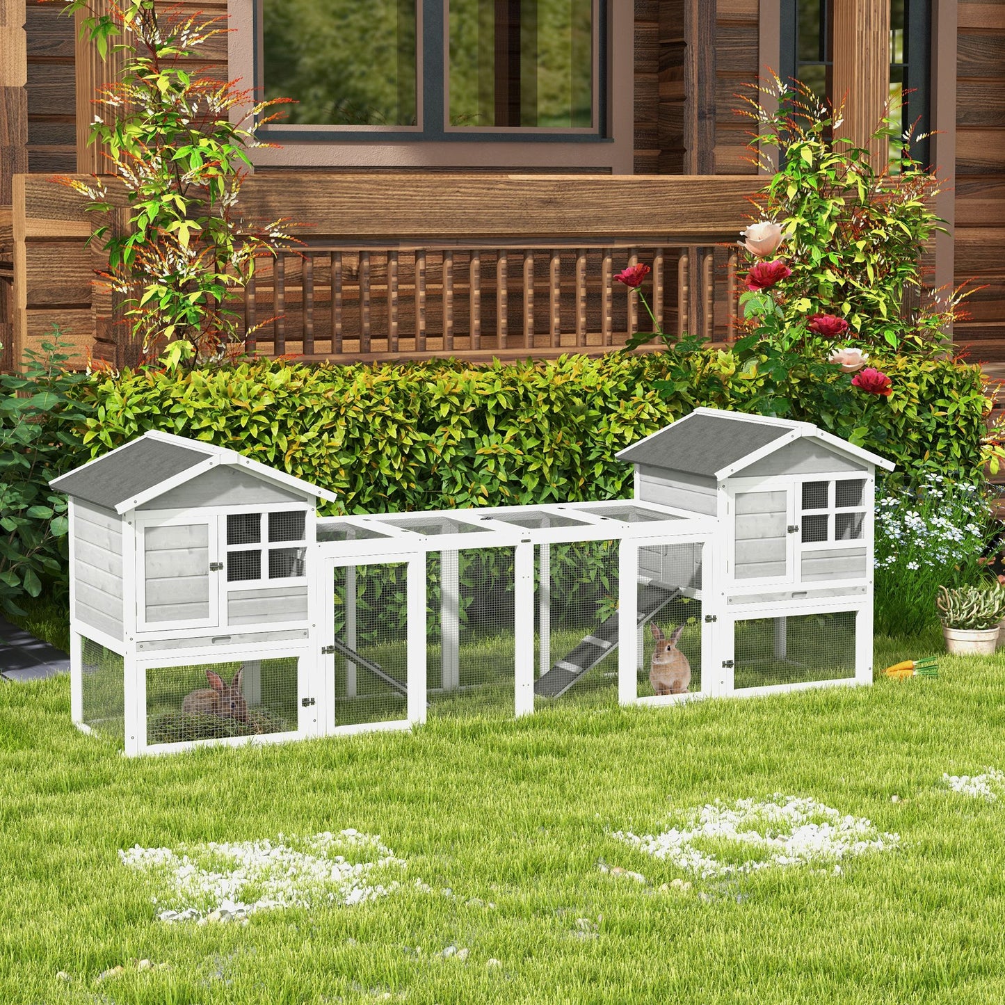 PawHut 2 in 1 Rabbit Hutch Outdoor Guinea Pig Hutch Bunny Run Double Main House with Run, No-Leak Tray 259 x 64 x 92cm, Grey