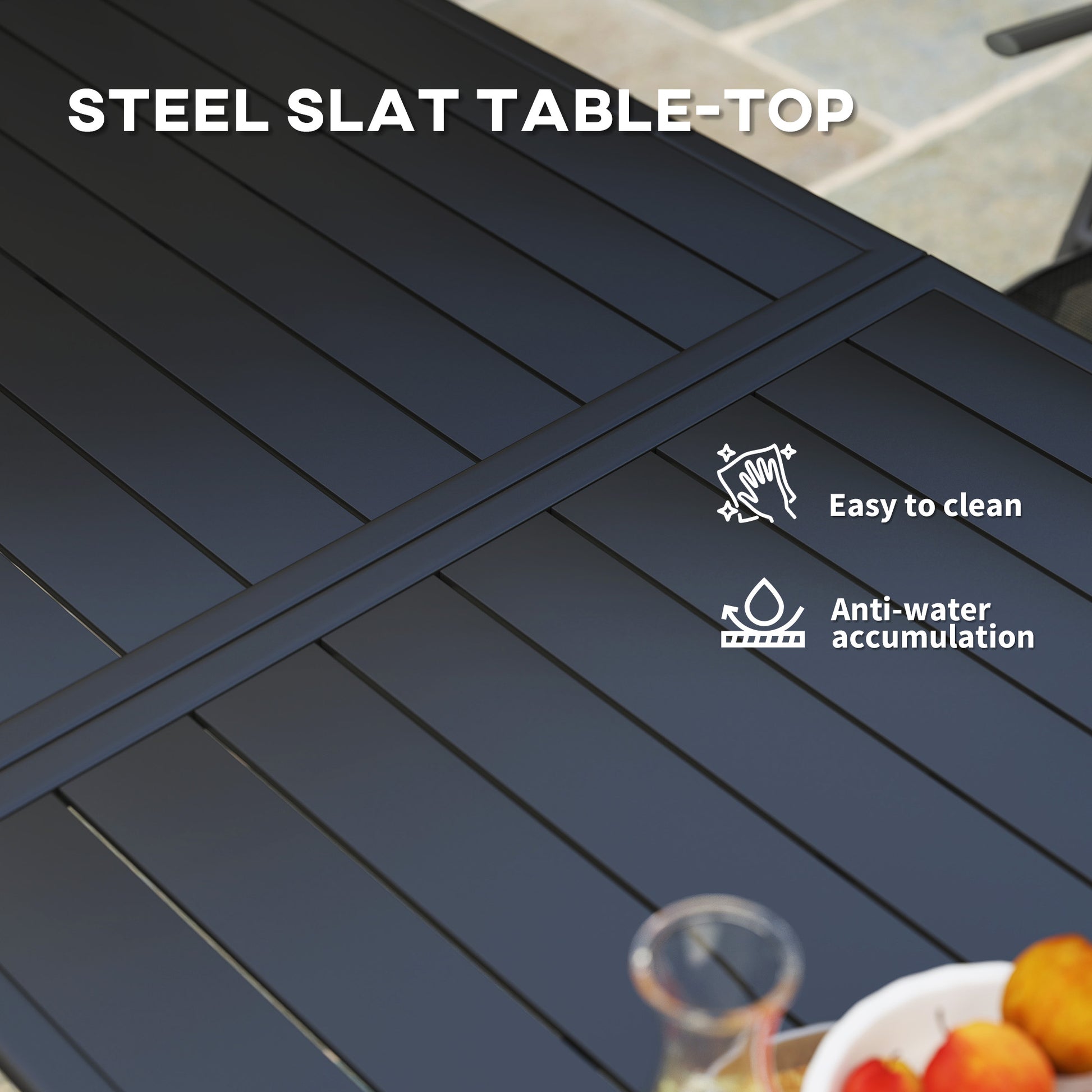 Outsunny Rectangle Garden Table with Slat Top, Steel Frame, Outdoor Table for 6 Person, 150 x 80 x 74 cm, Black--ChewyGames-ChewyGames