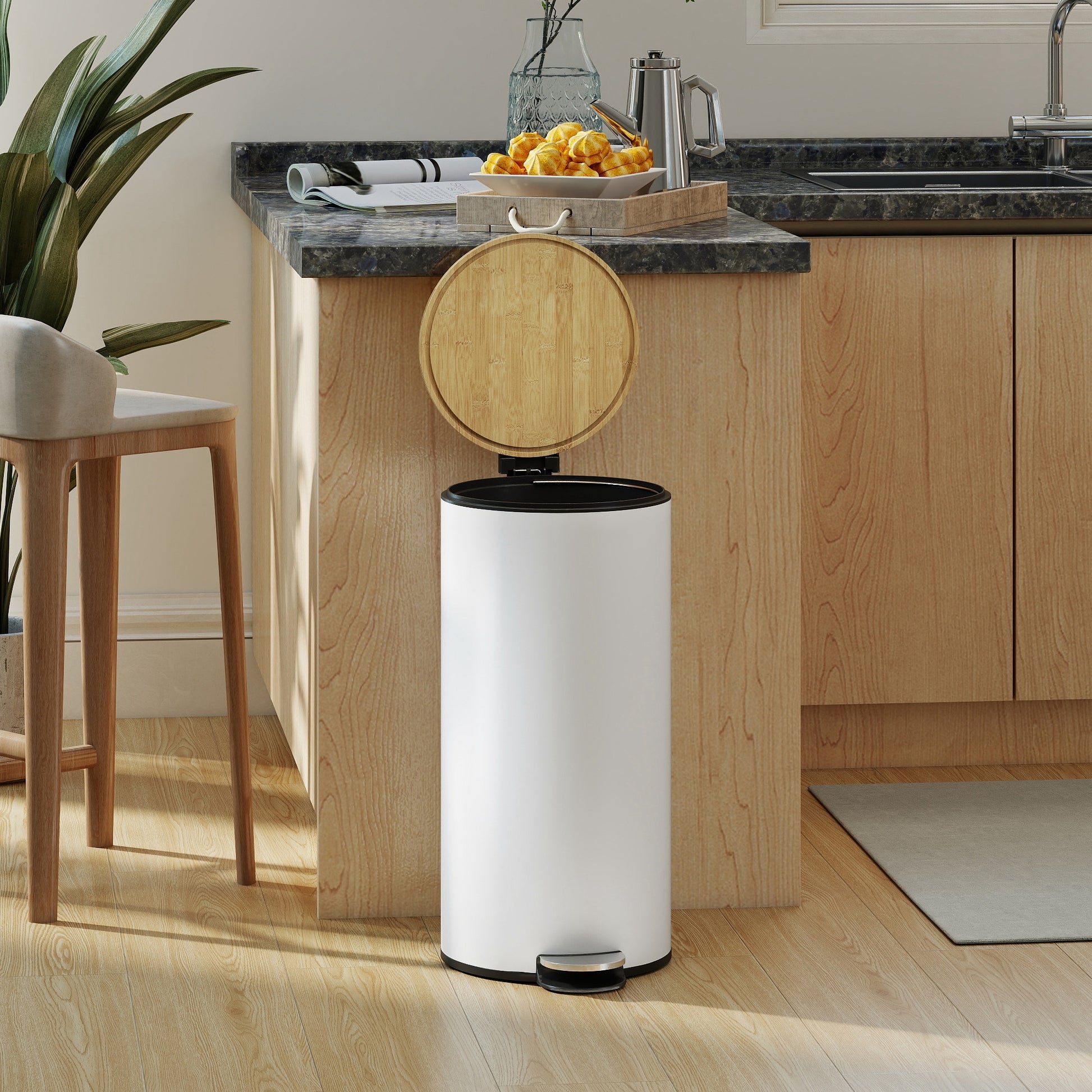 HOMCOM Kitchen Bin, 30 Litre Pedal Rubbish Bin with Removable Bucket, White and Natural--ChewyGames-ChewyGames