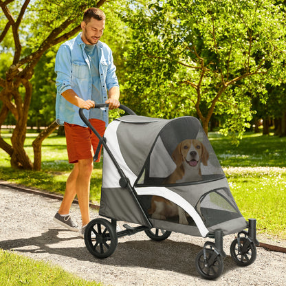 PawHut Foldable Pet Stroller for Medium Dogs with 4 Big Wheels, Shock-Absorbing Frame, Safety Leashes, Brakes, Dark Grey