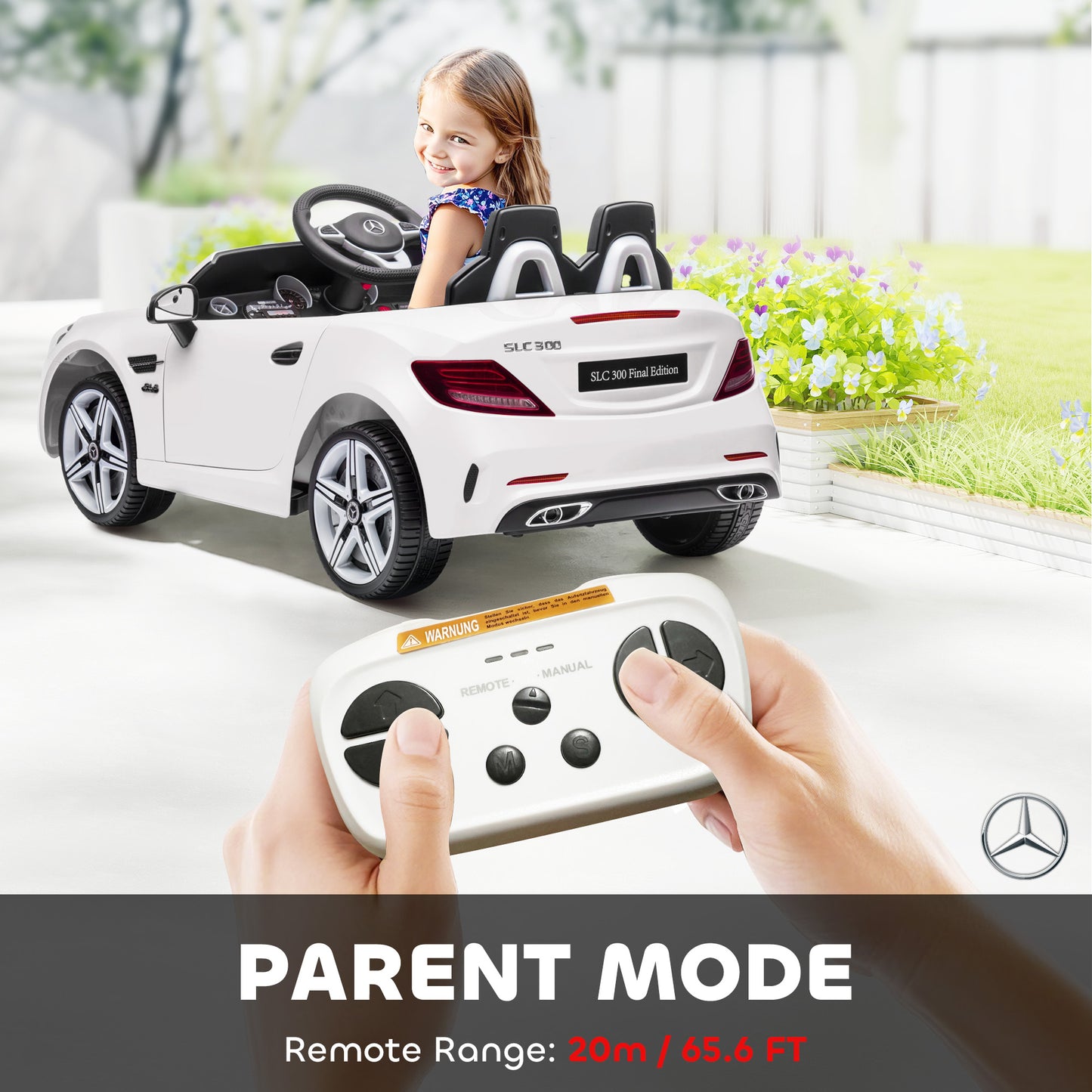 HOMCOM Benz SLC 300  Licensed 12V Kids Electric Ride On, with Music, Remote Control, LED Headlights, Horn, White