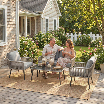 Outsunny Rattan Garden Furniture Set, 4 Piece Outdoor Patio Furniture with Tempered Glass Table and Chairs, Indoor Balcony Conservatory Set