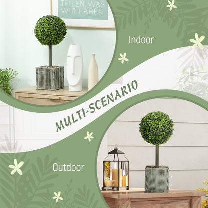 HOMCOM Set of 2 Decorative Artificial Plants, 50cm Faux Boxwood Topiary Balls with Woven Plastic Pot and Pebbles, Fake Plants for Home or Office Decor, Green-Artificial Trees-ChewyGames-ChewyGames