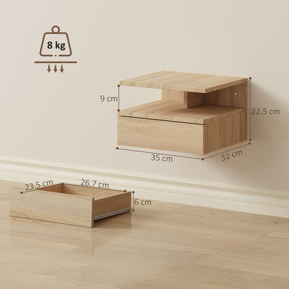 HOMCOM Set of Two Floating Bedside Tables - Oak
