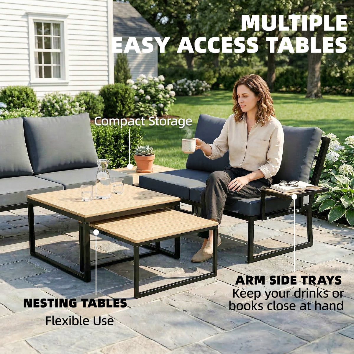 Outsunny 4 Seater Metal Garden Furniture Set, Corner Garden Sofa Set with 2 Loveseats, 2 Nesting Tables, Arm Side Trays, Teak