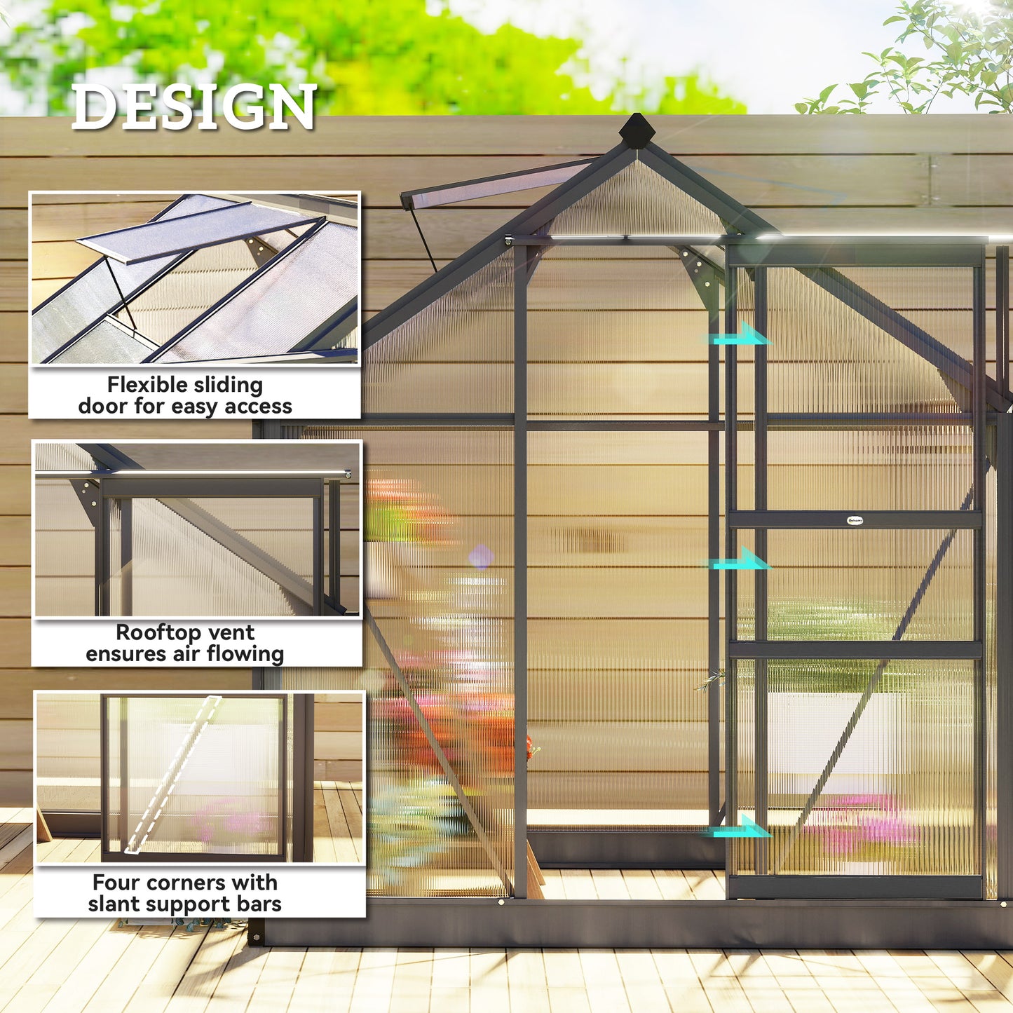 Outsunny 6 x 6ft Polycarbonate Greenhouse, Large Walk in Green House with Slide Door and Window, Garden Plants Grow House with Aluminium Frame and Foundation, Grey
