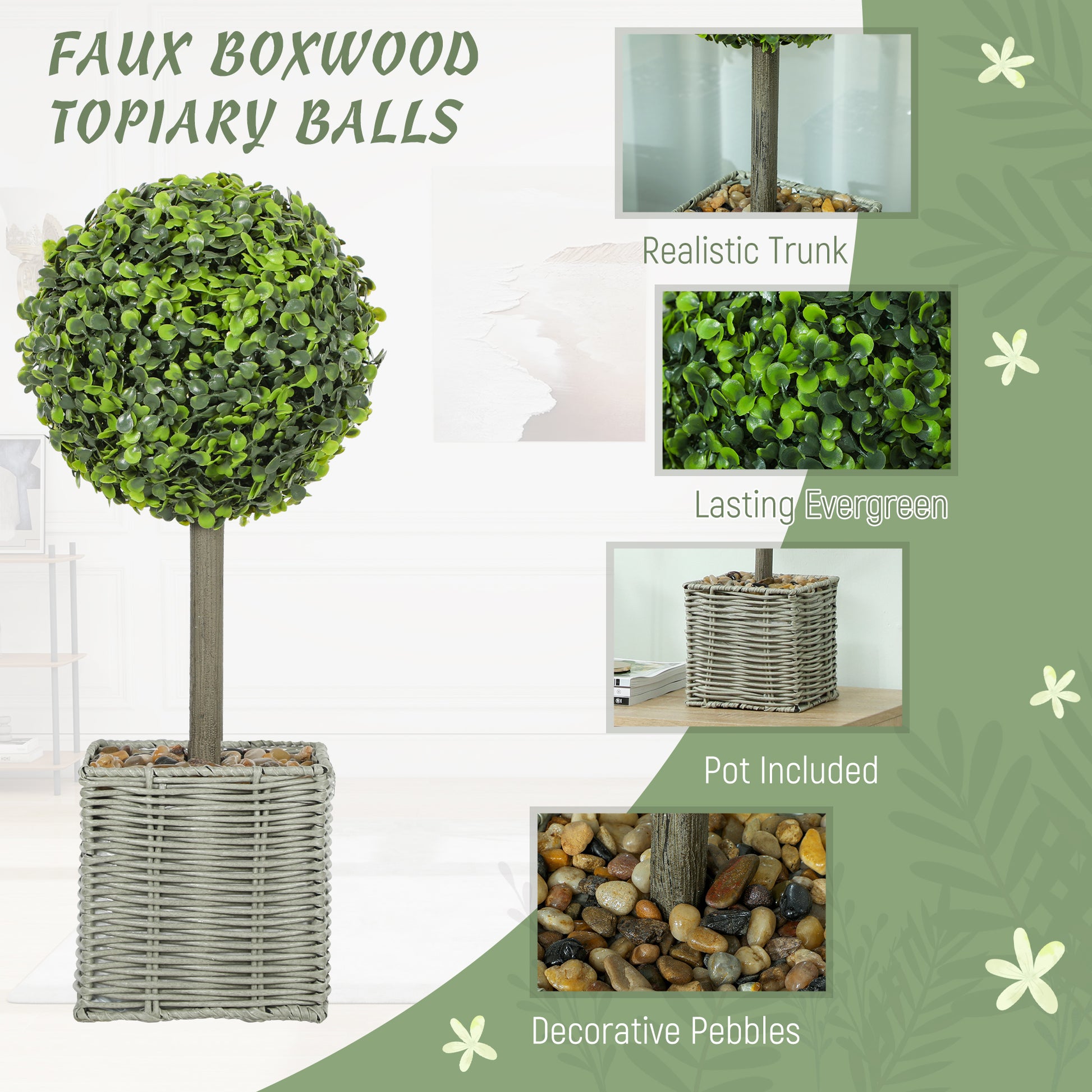 HOMCOM Set of 2 Decorative Artificial Plants, 50cm Faux Boxwood Topiary Balls with Woven Plastic Pot and Pebbles, Fake Plants for Home or Office Decor, Green-Artificial Trees-ChewyGames-ChewyGames