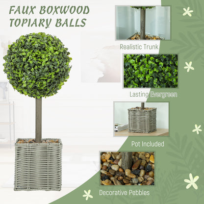 HOMCOM Set of 2 Decorative Artificial Plants, 50cm Faux Boxwood Topiary Balls with Woven Plastic Pot and Pebbles, Fake Plants for Home or Office Decor, Green-Artificial Trees-ChewyGames-ChewyGames