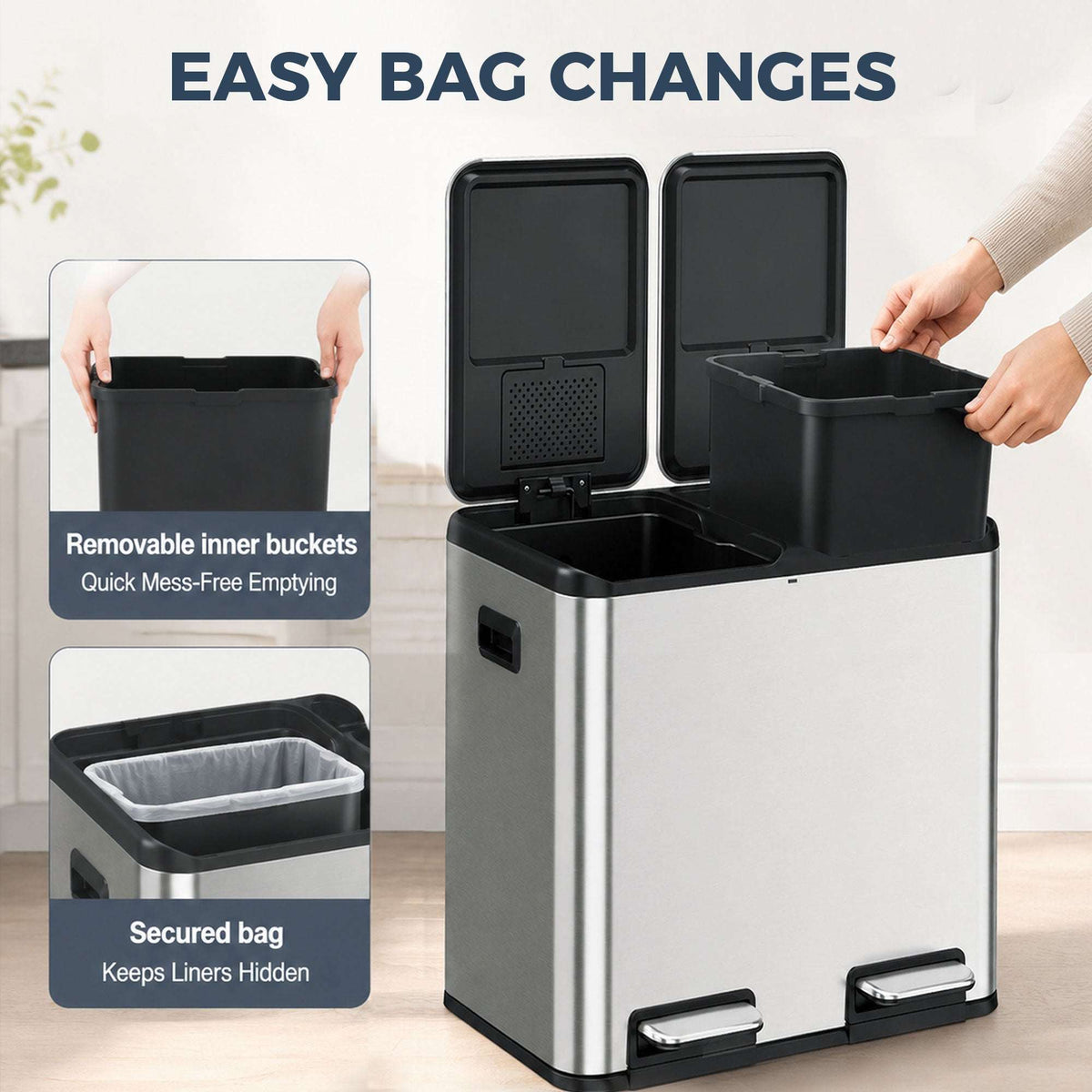 HOMCOM 2 x 20L Double Kitchen Bin, Stainless Steel Pedal Rubbish Bin with Dual Compartments, Soft Close Lids, Silver Tone