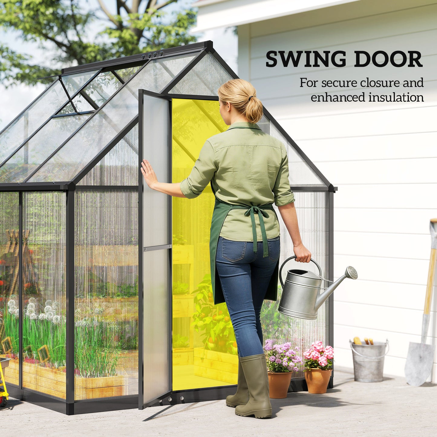 Outsunny Polycarbonate Greenhouse with Swing Door and Adjustable Window, Walk-in Greenhouse with Rain Gutter, 5.5 x 6ft, Black