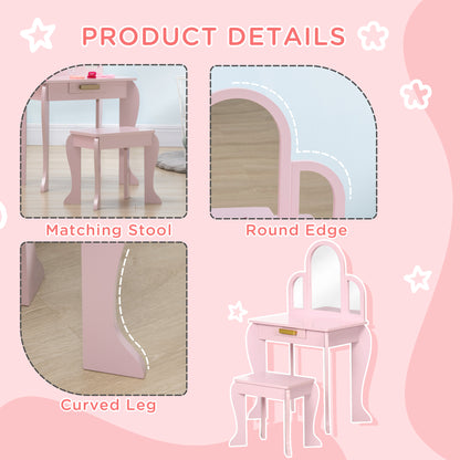 HOMCOM Kids Dressing Table Set, with Mirror and Drawer - Pink--ChewyGames-ChewyGames