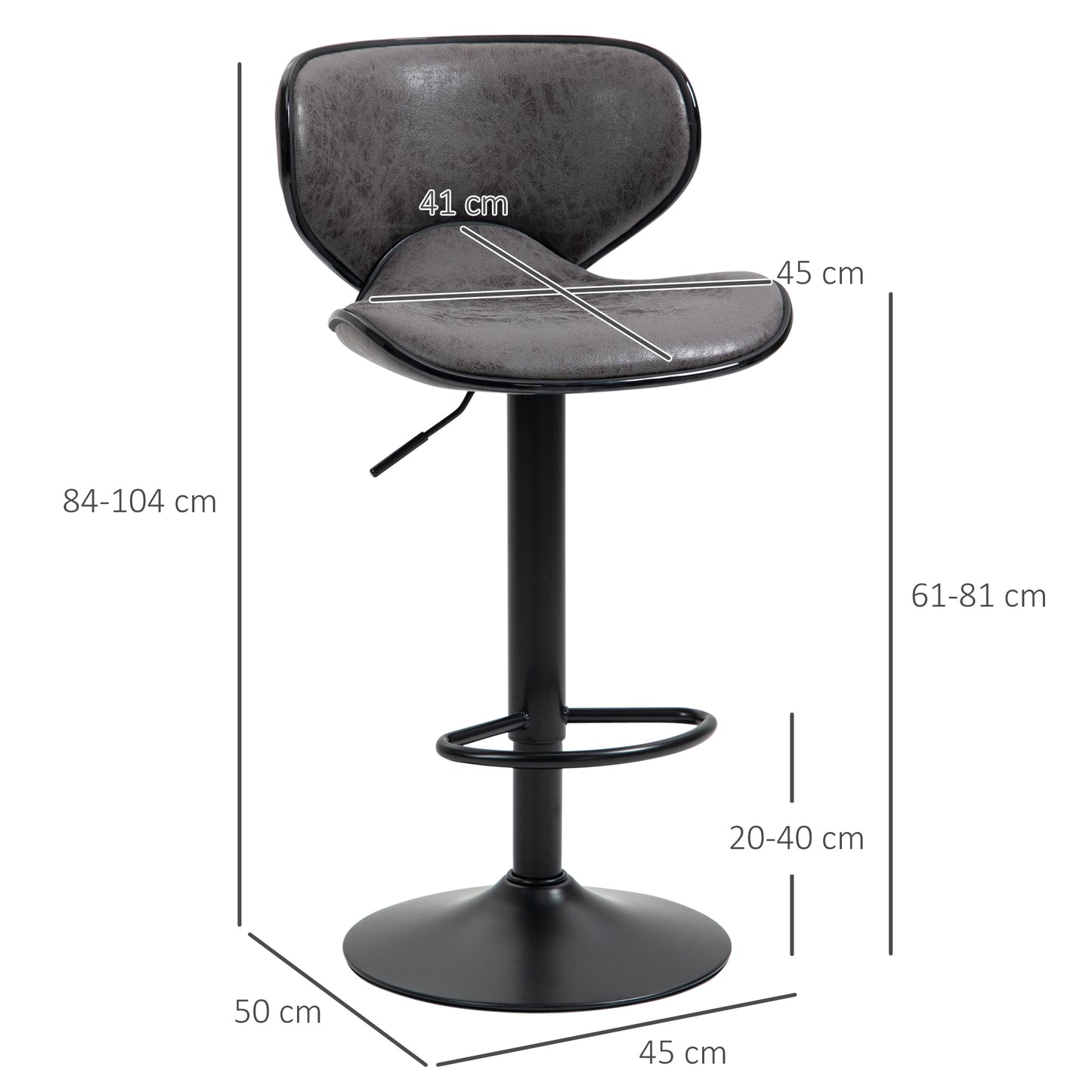 HOMCOM Kitchen Stools Set of 2  61-81cm Sitting Height Leather Upholstered Bar Chairs, Dark Grey