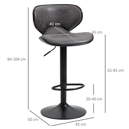 HOMCOM Kitchen Stools Set of 2  61-81cm Sitting Height Leather Upholstered Bar Chairs, Dark Grey