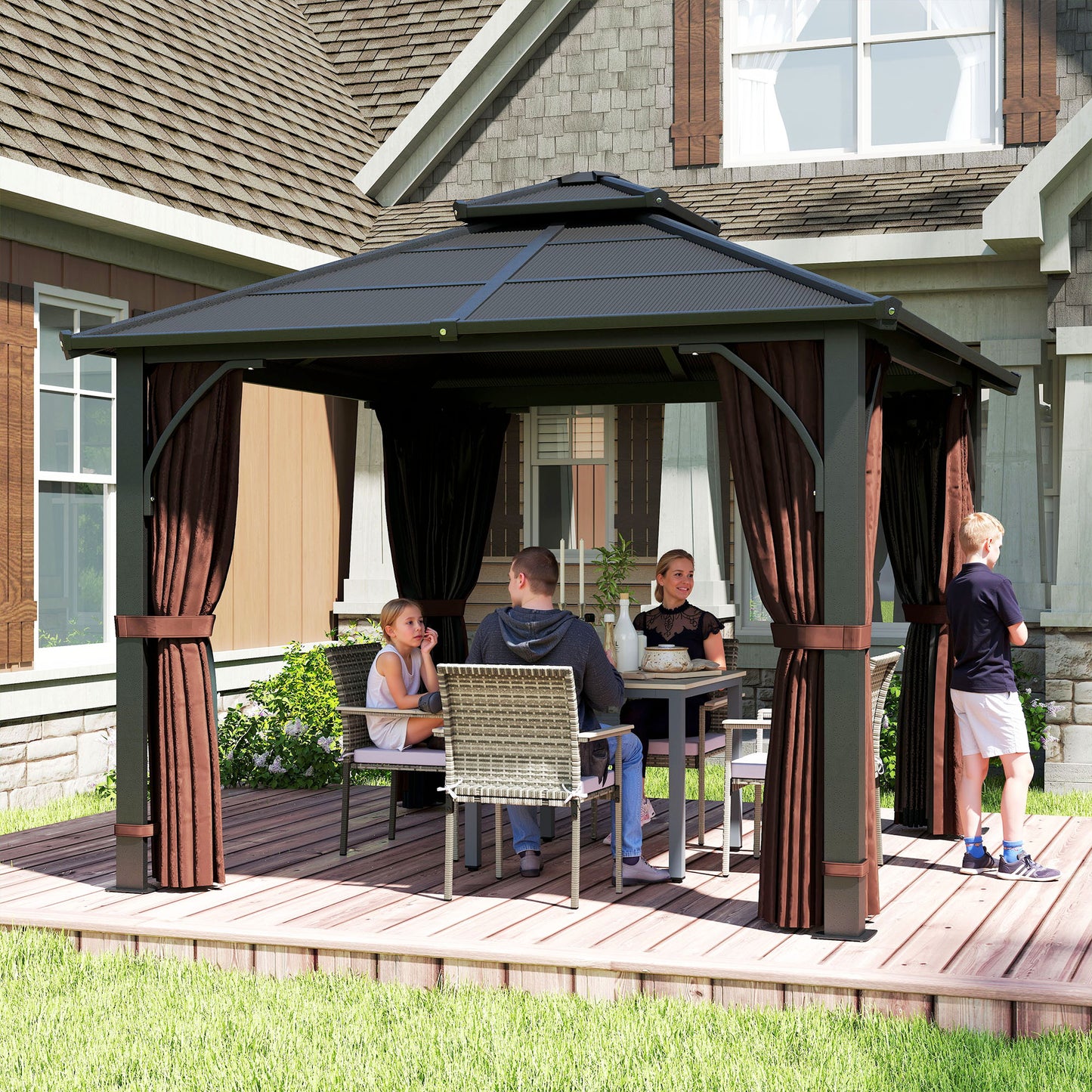 Outsunny 3 x 3(m) Hardtop Gazebo Canopy with 7mm Polycarbonate Double-Tier Roof, Garden Gazebo Permanent Pavilion with Mosquito Netting and Curtains for Patio, Terrace, Brown