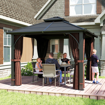 Outsunny 3 x 3(m) Hardtop Gazebo Canopy with 7mm Polycarbonate Double-Tier Roof, Garden Gazebo Permanent Pavilion with Mosquito Netting and Curtains for Patio, Terrace, Brown