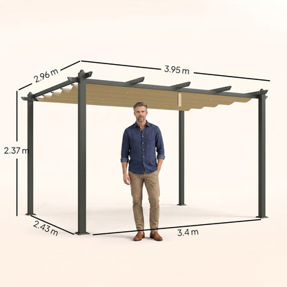 Outsunny 3 x 4m Aluminium Pergola, with Retractable Roof - Khaki