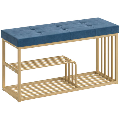 HOMCOM Bench and Shoe Storage, Tufted Shoe Storage Bench with Velvet Seat Cushion Gold Steel Frame for Entryway, Dark Blue