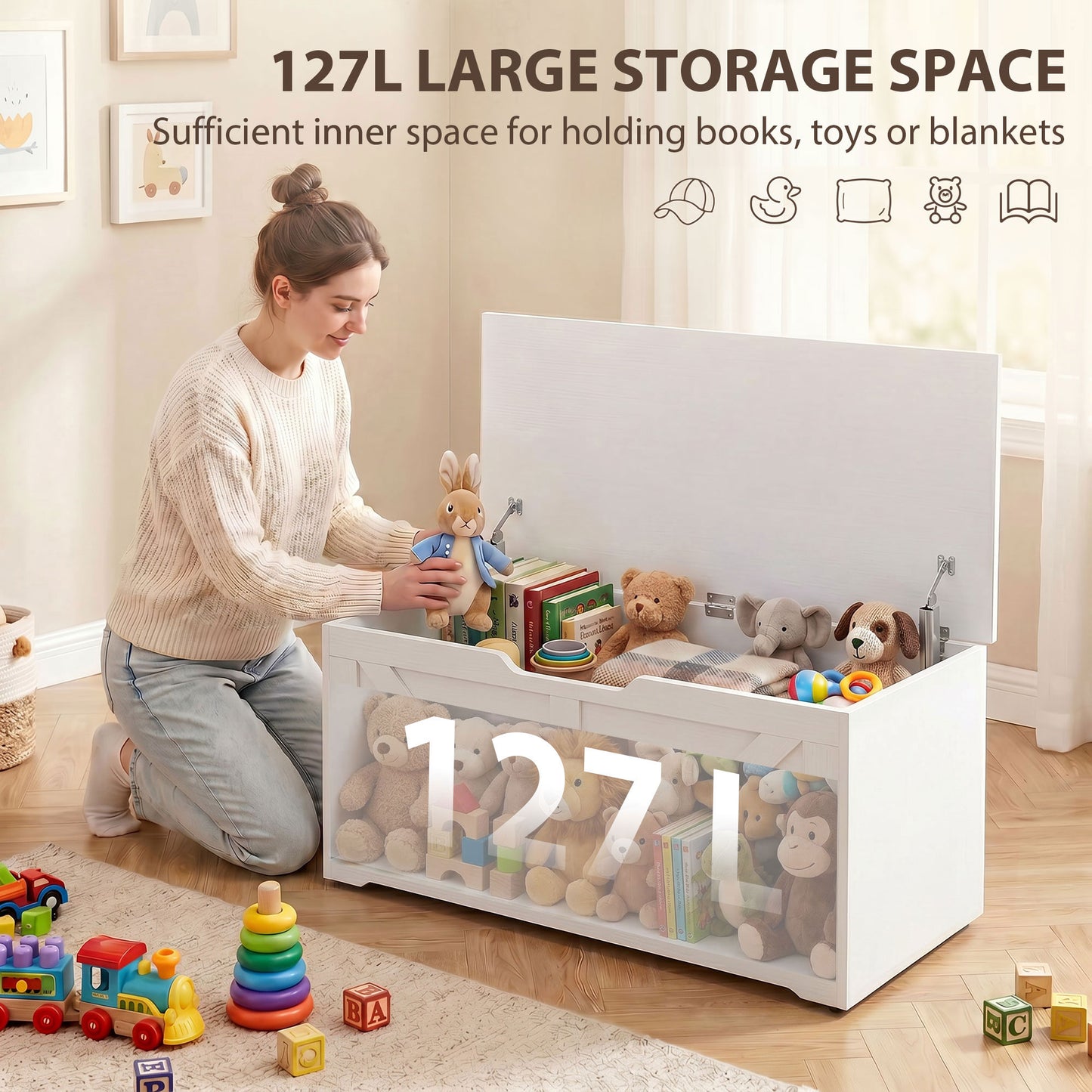 HOMCOM 127L Home Storage Box, with Safety Hinges - White Wood-Effect