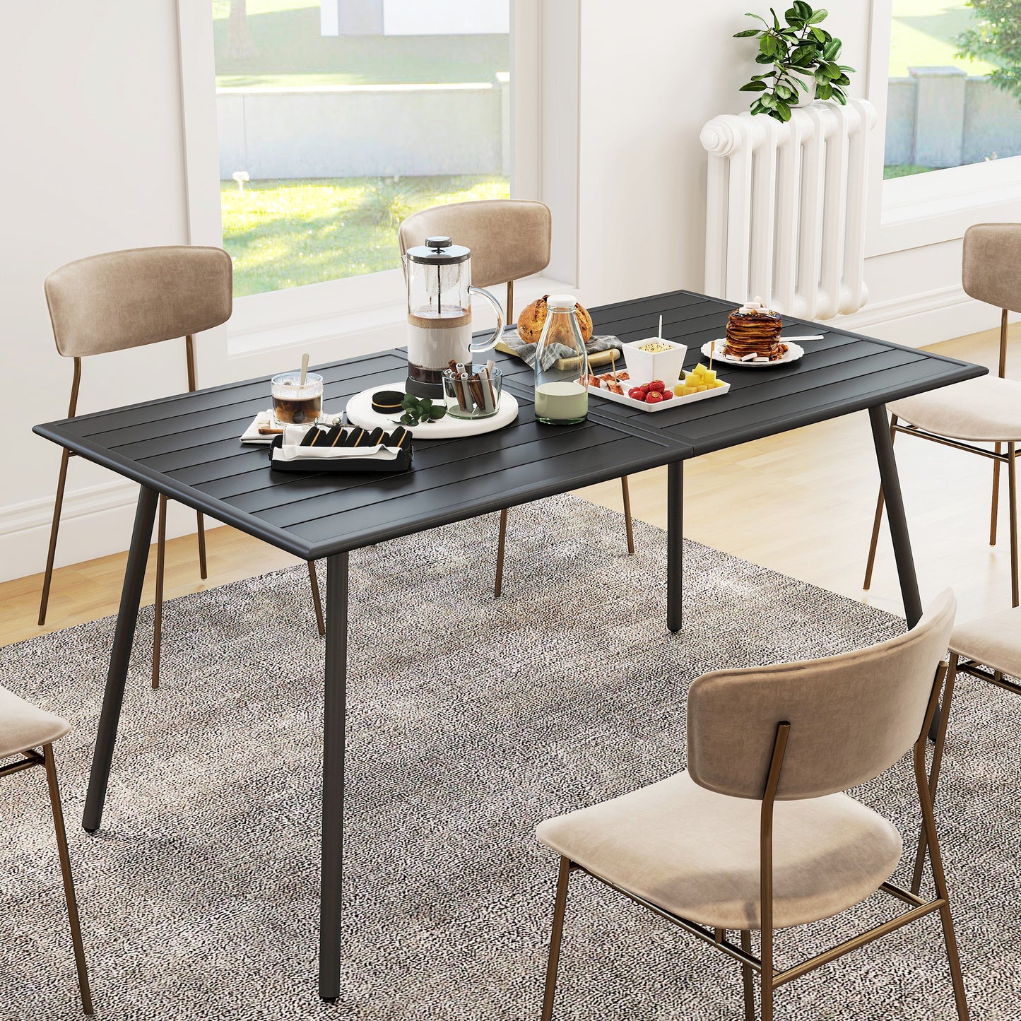 Outsunny Rectangle Garden Table with Slat Top, Steel Frame, Outdoor Table for 6 Person, 150 x 80 x 74 cm, Black--ChewyGames-ChewyGames