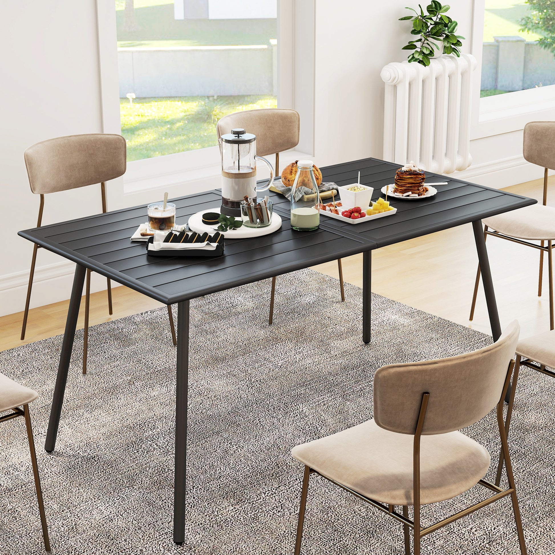 Outsunny Rectangle Garden Table with Slat Top, Steel Frame, Outdoor Table for 6 Person, 150 x 80 x 74 cm, Black--ChewyGames-ChewyGames