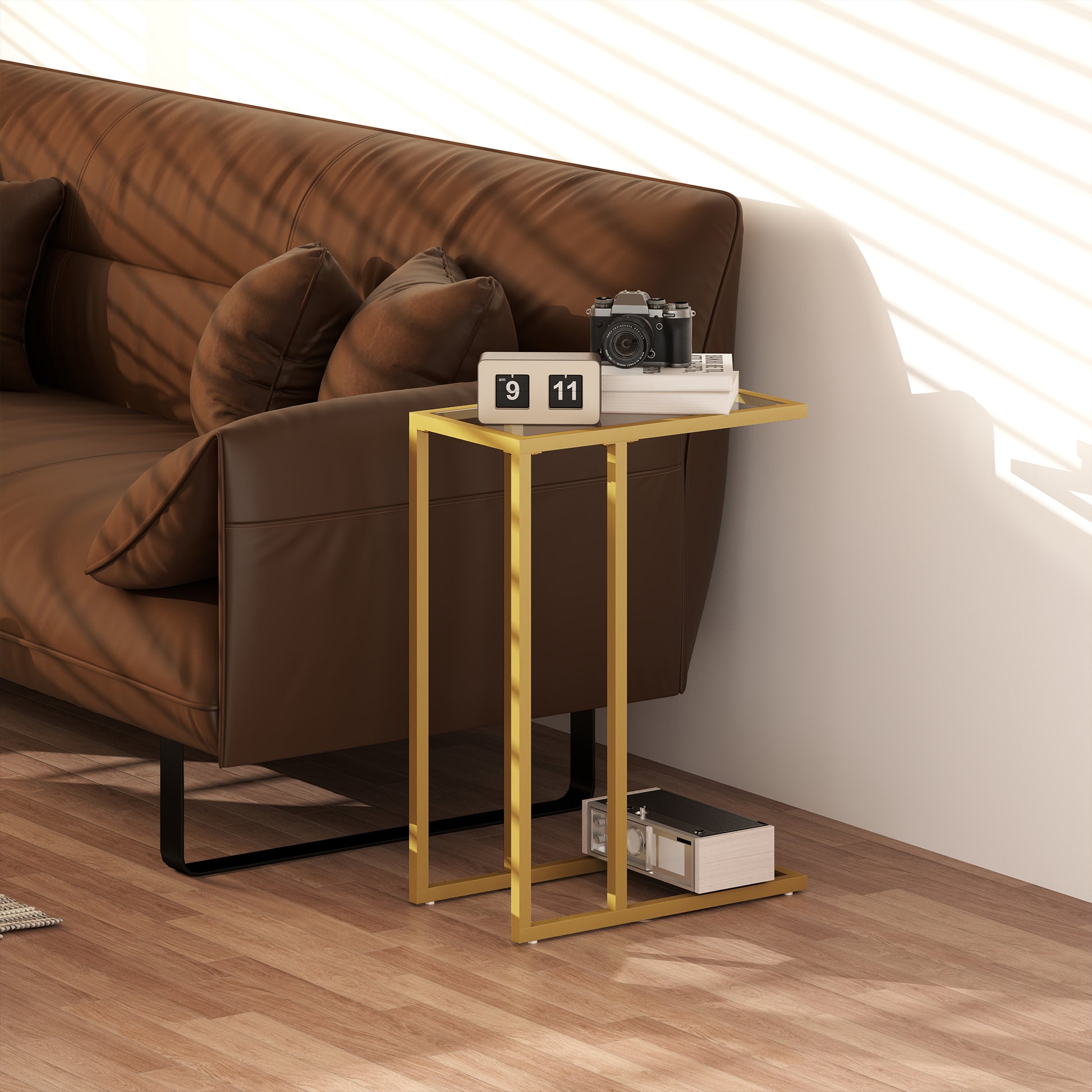 HOMCOM C-Shaped Side Table, Modern Slim End Table with Tempered Glass Tabletop, Steel Frame for Small Space, Living Room, Bedroom, Gold Tone-End Tables-ChewyGames-ChewyGames
