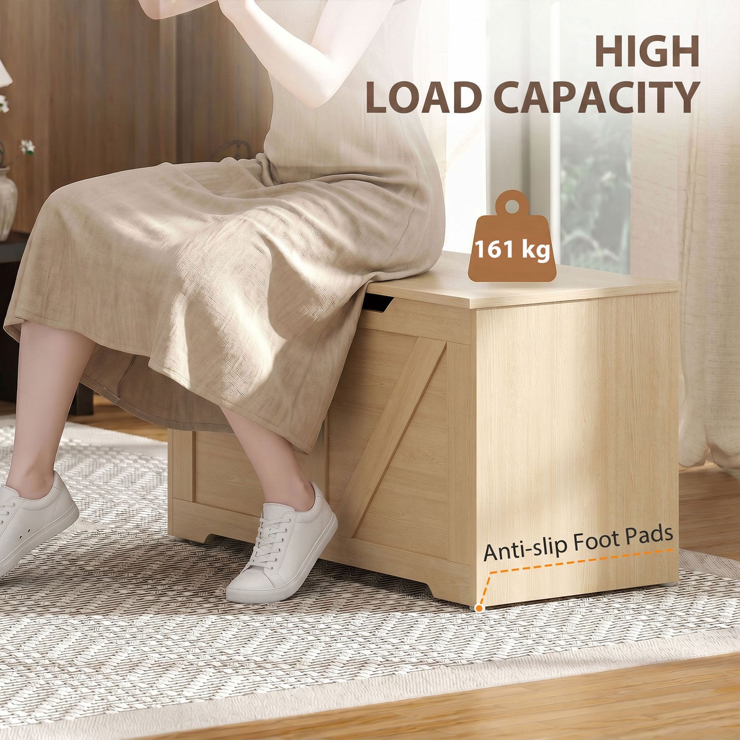 HOMCOM 100L Home Storage Box, with Safety Hinge - Nature Wood Finish