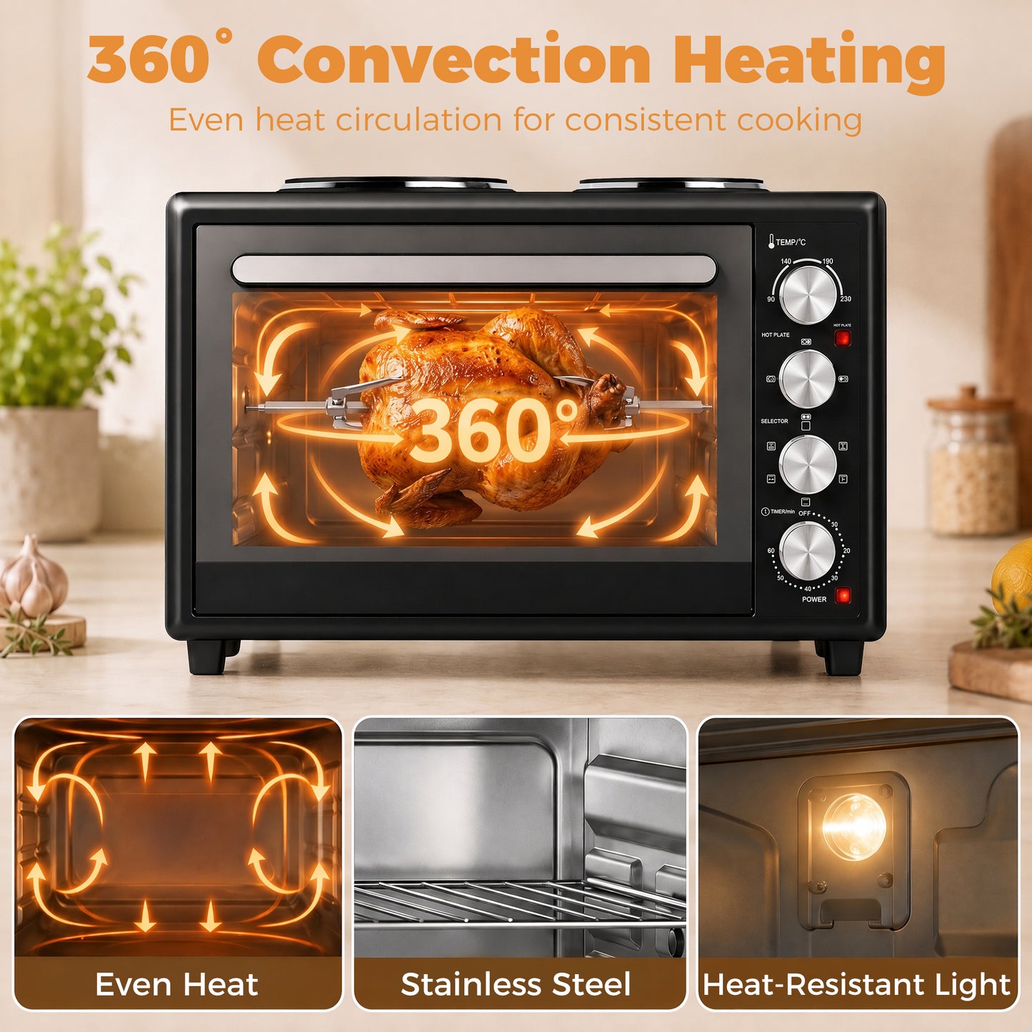 HOMCOM 36L Mini Oven with Dual Hot Plates, Electric Countertop Cooker with Convection, 90–230°C Adjustable Temperature