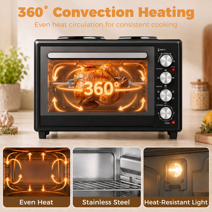 HOMCOM 36L Mini Oven with Dual Hot Plates, Electric Countertop Cooker with Convection, 90–230°C Adjustable Temperature