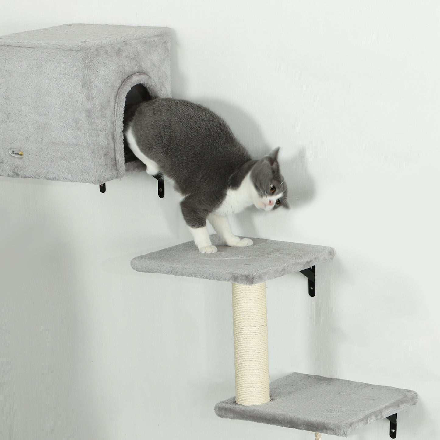 PawHut 6-Piece Cat Wall Shelves Set with Condo, Cat Wall Furniture with Platforms, Sisal Scratching Post, Bed, Toy Ball, Grey