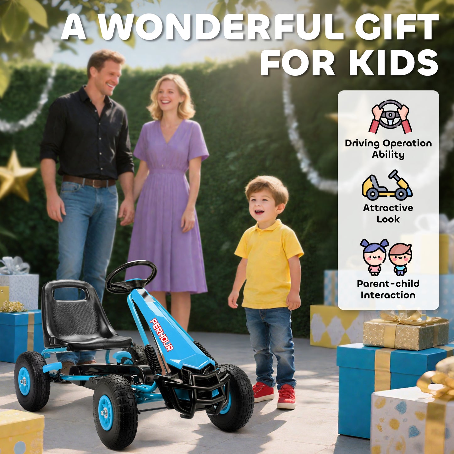 AIYAPLAY Kids Pedal Go Kart with Adjustable Seat, EVA Tyres, Manual Clutch, Brake, Go Kart for Kids 3-8 Years, Blue