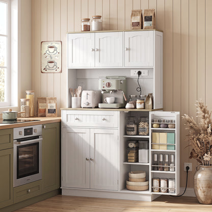 HOMCOM 173 cm Tall Kitchen Cupboard with Charging Station, Pantry Storage Cabinet with Adjustable Shelves and 4 Door Racks