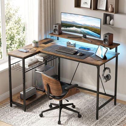 HOMCOM Reversible 'L' LED Light Gaming/Work Desk - Rustic Brown
